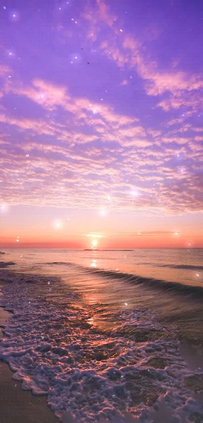 Purple sunset over a serene beach with sparkling night sky effect.