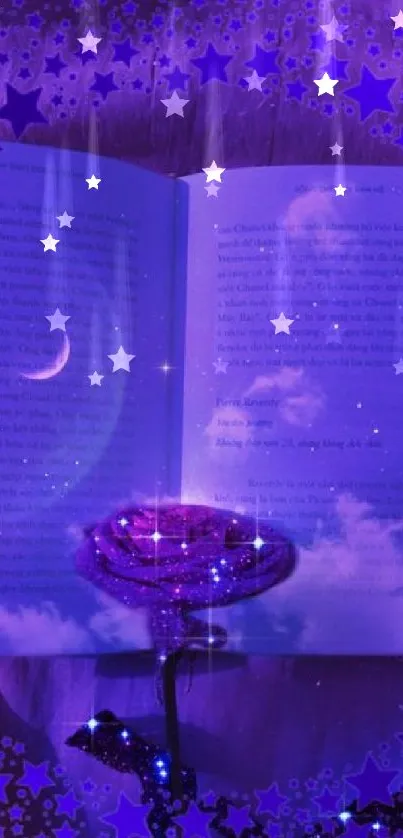 Dreamy purple wallpaper with stars and an open book.