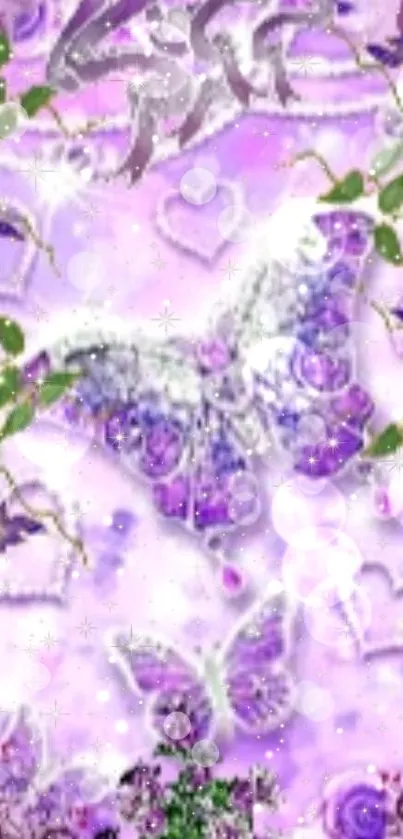 Purple butterfly with floral accents and sparkles on phone wallpaper.