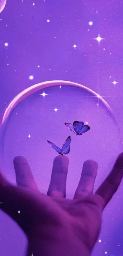 Hand reaching for butterflies in a purple, starry night.