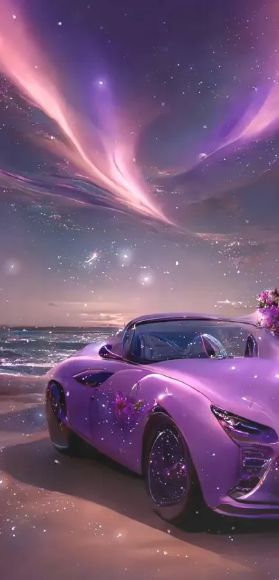 Purple car on a serene beach at night under a magical sky.