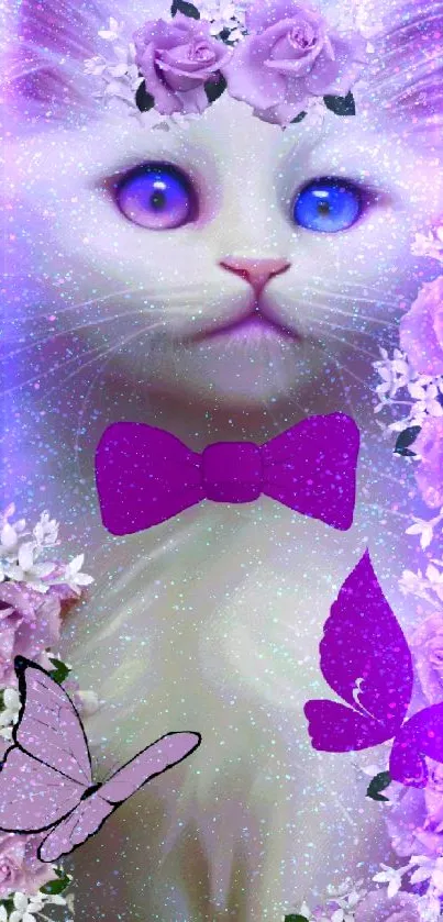 White cat with purple roses and butterflies on a dreamy blue background.