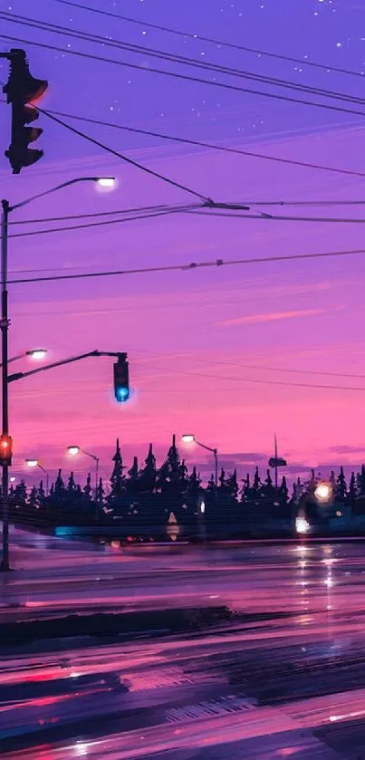 Dreamy purple cityscape with streetlights at dusk.