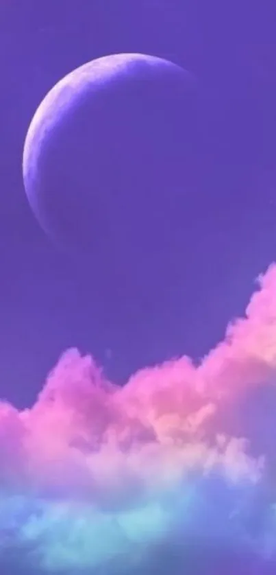 Dreamy purple sky with crescent moon and soft clouds.