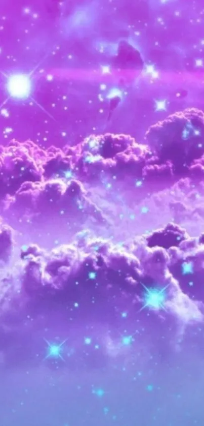 Dreamy purple clouds with stars creating a mystical sky view.