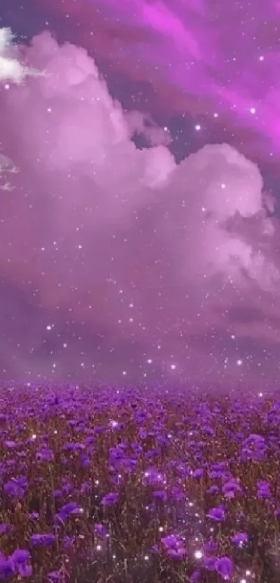 Dreamy purple sky with clouds and flowers under a starry night.