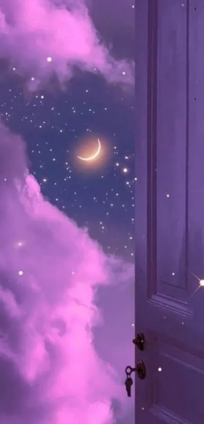 Dreamy purple clouds with moon and stars.