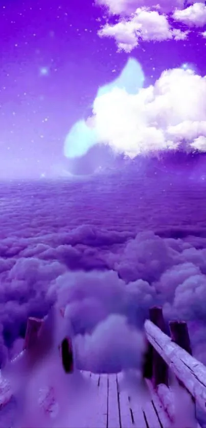 Dreamy purple cloudscape with a mystical wooden path and cloudy sky.