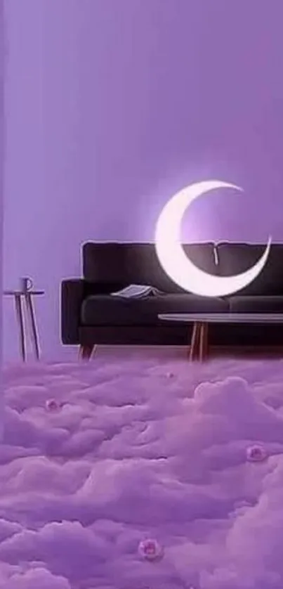 Purple dreamy wallpaper with crescent moon and clouds.