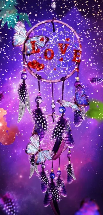 Purple dreamcatcher with butterfly and feather design.