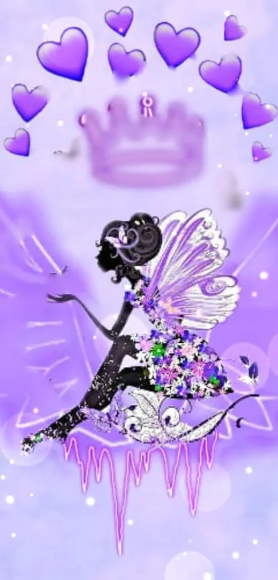 Lavender fairy with purple hearts and magical design.