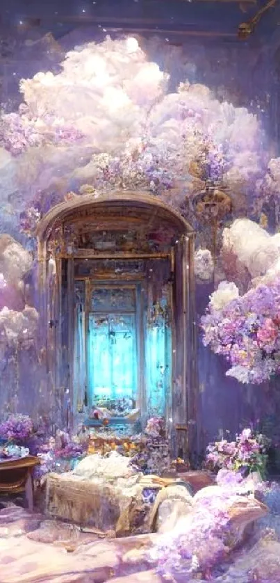 Dreamy purple fantasy room wallpaper with ethereal clouds.