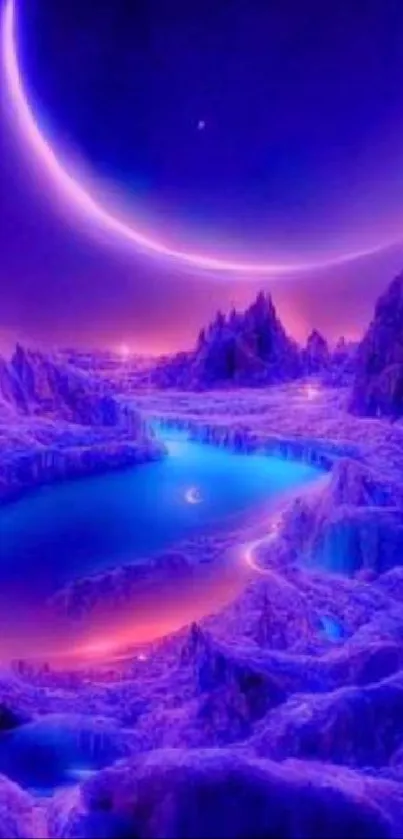 Purple fantasy landscape with crescent moon and vibrant colors.