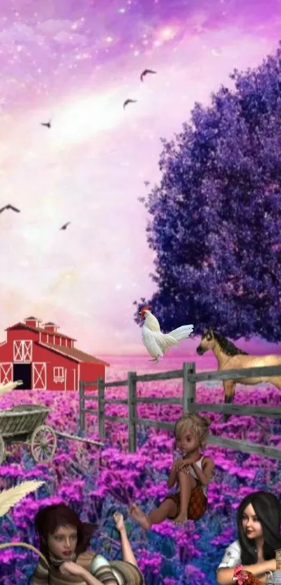 Fantasy purple farm scene with a red barn and mystical characters.