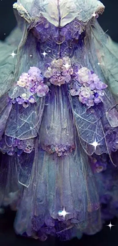 Whimsical purple floral dress in dreamlike art style.