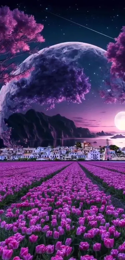 Purple tulip fields with moonlit sky and mountains