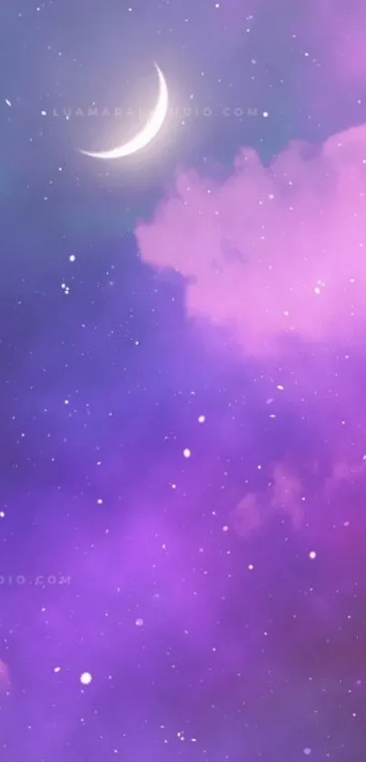 Dreamy purple galaxy wallpaper with crescent moon and stars.