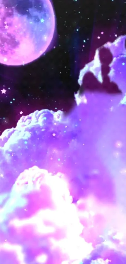 Dreamy purple galaxy wallpaper with pink moon and clouds.