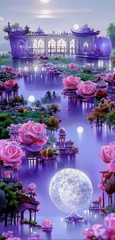 Dreamy purple garden with pink flowers and moonlit sky.