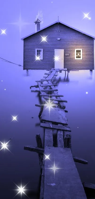 Purple house on a lake with stars in the misty night sky.