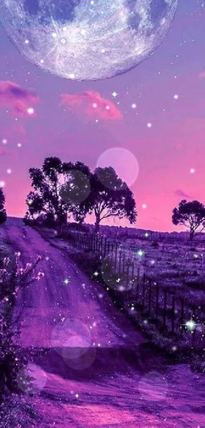 Dreamy purple landscape with moon and stars, perfect for wallpaper.