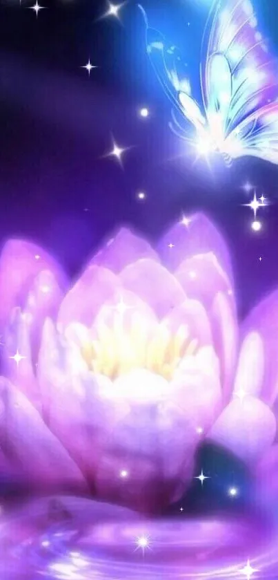 Purple lotus with a glowing butterfly in a tranquil, magical setting.