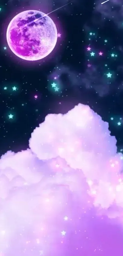 Dreamy purple moon with vibrant clouds and stars wallpaper.