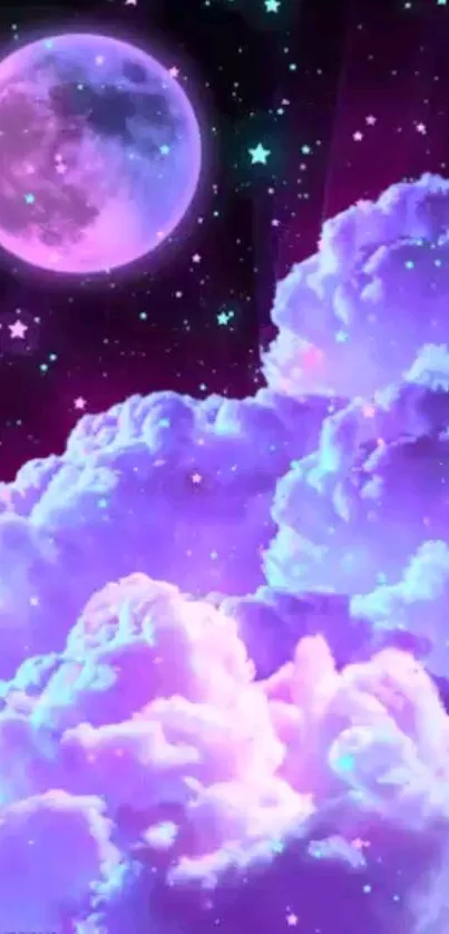 Purple moon and clouds with stars in a dreamy night sky wallpaper.