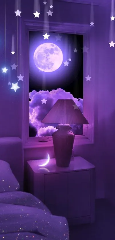 A dreamy purple room with a glowing moon and stars.