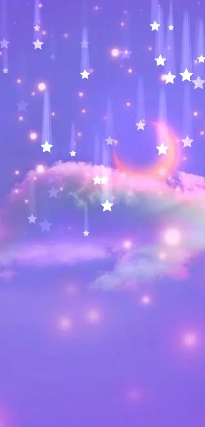 Dreamy purple sky with crescent moon and stars wallpaper.