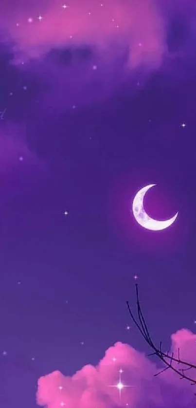 Dreamy purple night sky with clouds and crescent moon.