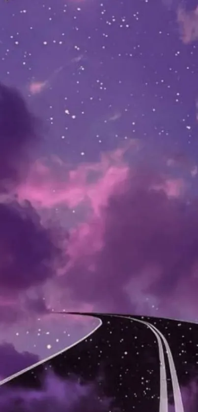 Dreamy purple night sky with crescent moon and stars.