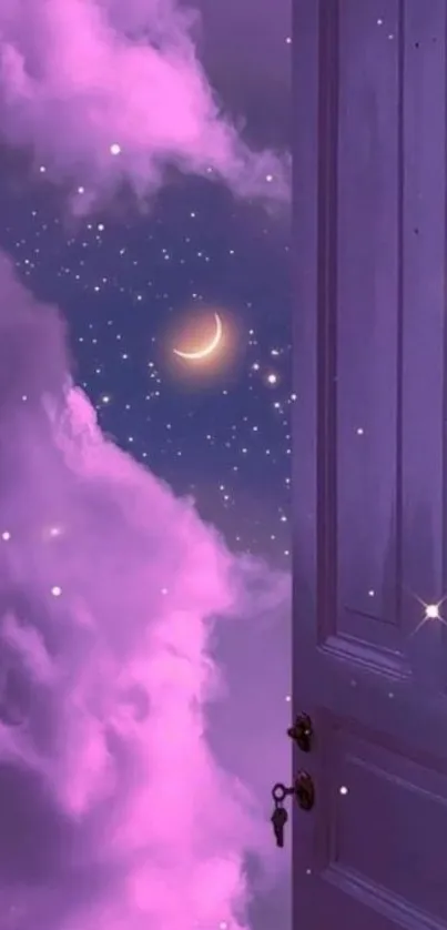 Dreamy purple night sky with crescent moon and clouds.