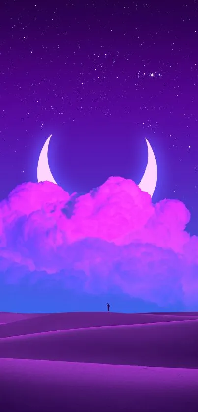 Purple night sky with crescent moon.