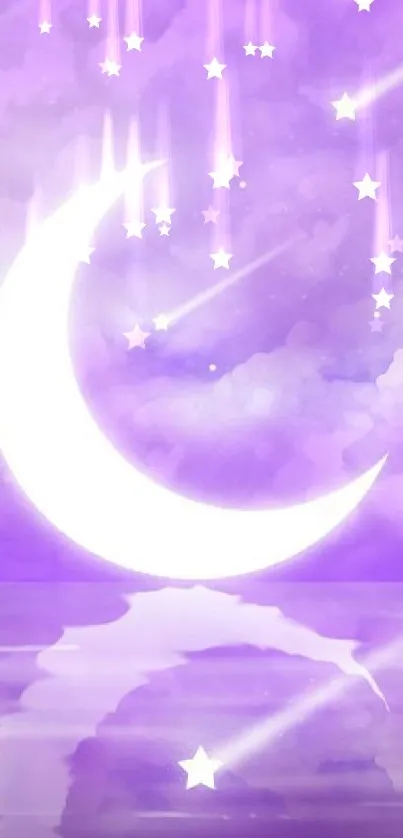 Dreamy purple night sky with crescent moon and stars.