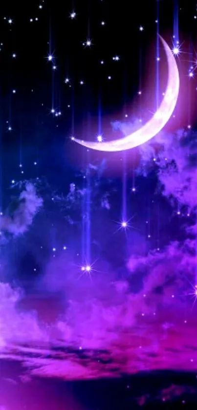 Purple night sky with crescent moon and stars wallpaper.