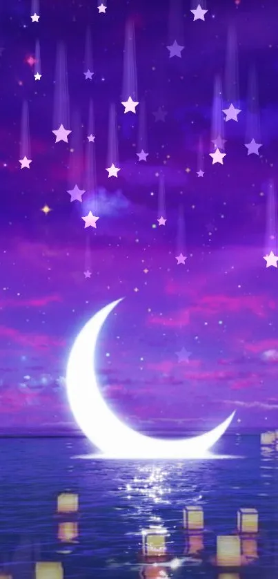 Purple night sky with a crescent moon and lanterns reflecting on water.