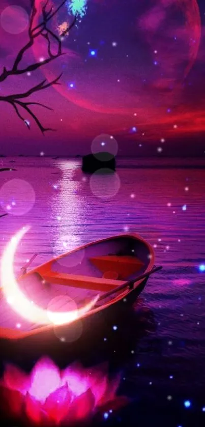 Purple nightscape with boat and dreamy stars on calm waters.