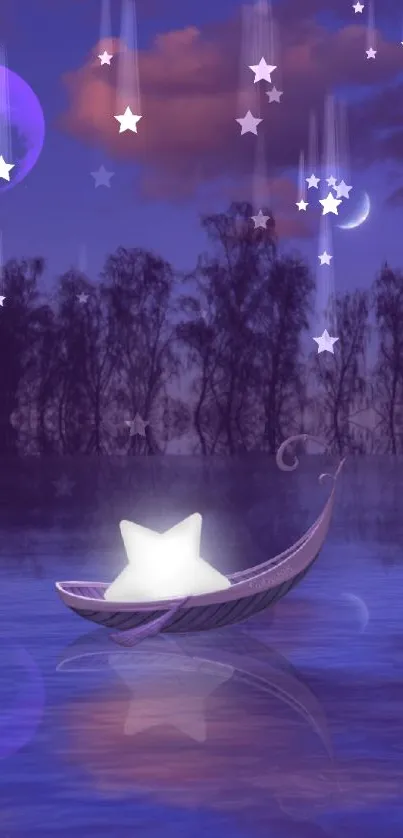 Star-filled boat under a purple night sky with cosmic elements.