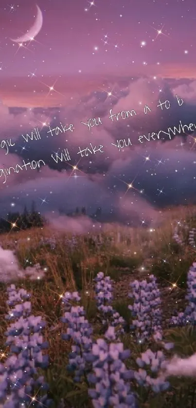 Purple nightscape wallpaper with stars and text over flowers.