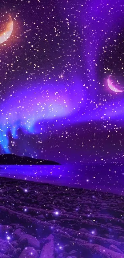 Purple night sky with moons and stars in a dreamy cosmic scene.