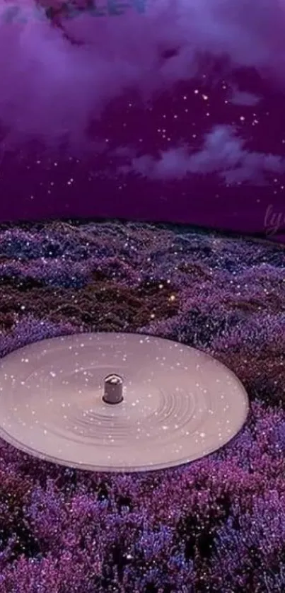 Purple night sky with floral record player design.