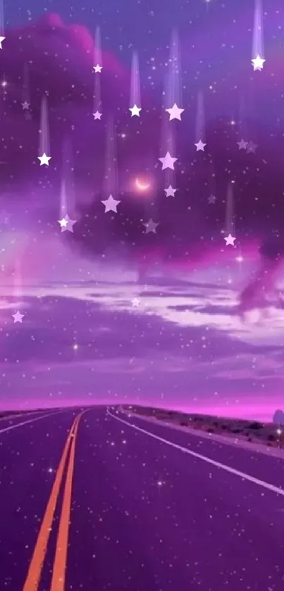 Dreamy purple road with starry sky and rainbow in the distance.