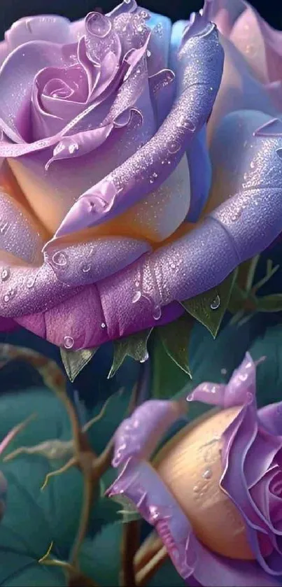 Vibrant purple roses with droplets on a dark background.