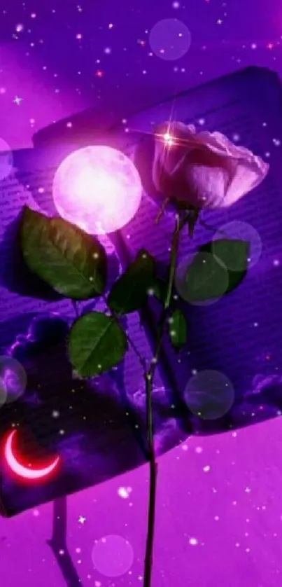 Purple wallpaper with glowing rose and celestial elements.