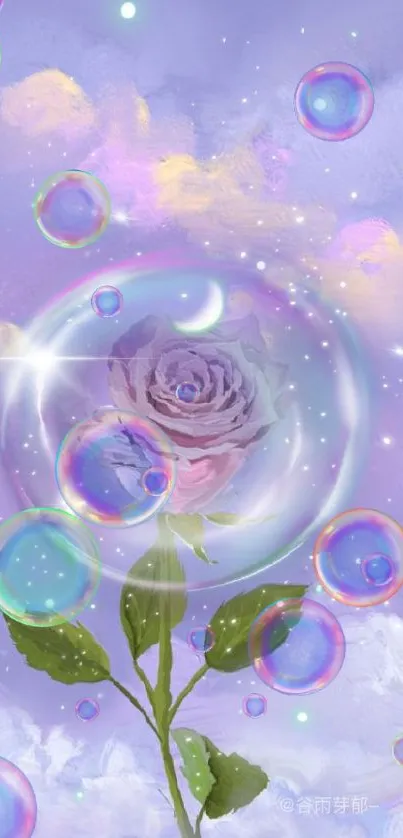 Dreamy purple rose with stars in pastel sky.