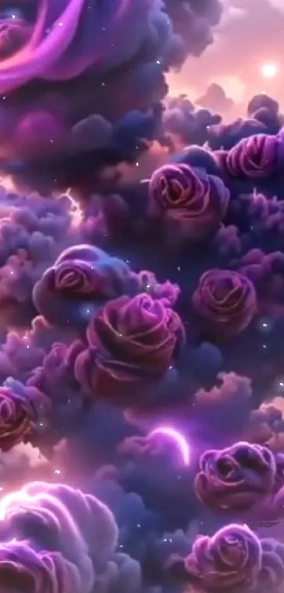 Purple rose-shaped clouds in a dreamy sky.