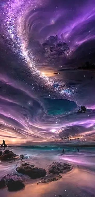 Mesmerizing purple sky with cosmic swirls over a tranquil seascape