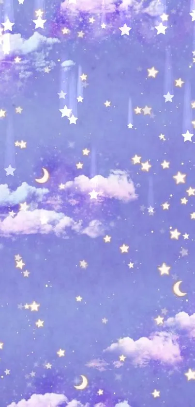 Dreamy purple sky wallpaper with stars and clouds.