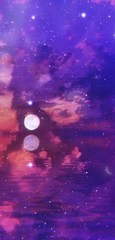 Purple sky wallpaper with moons and stars reflecting on water.